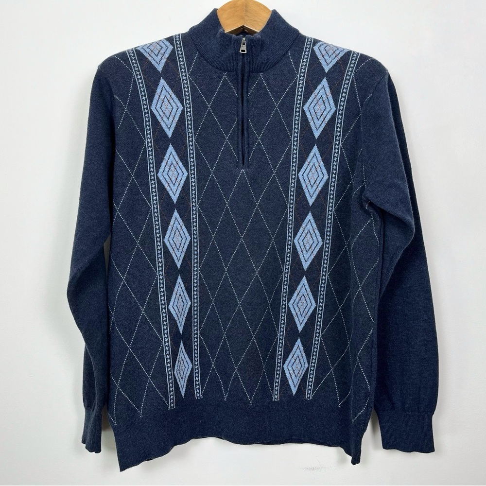 Greg Norman Men’s Dark Blue Merino Cotton Argyle Zip-Up Sweater Size Medium